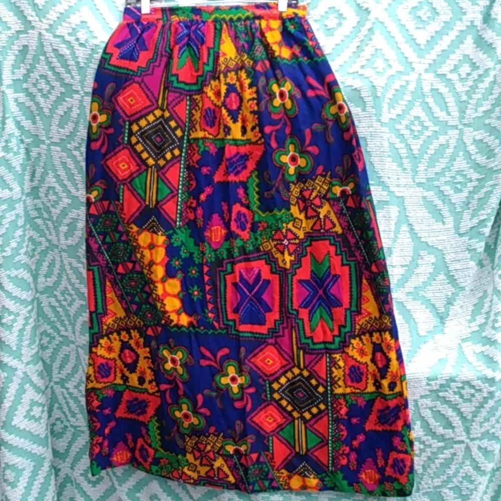 VERY VINTAGE Size 16 MOD PSYCHEDELiC PRINT 60s 70s BOHO HIPPIE MAXI SKIRT Medium